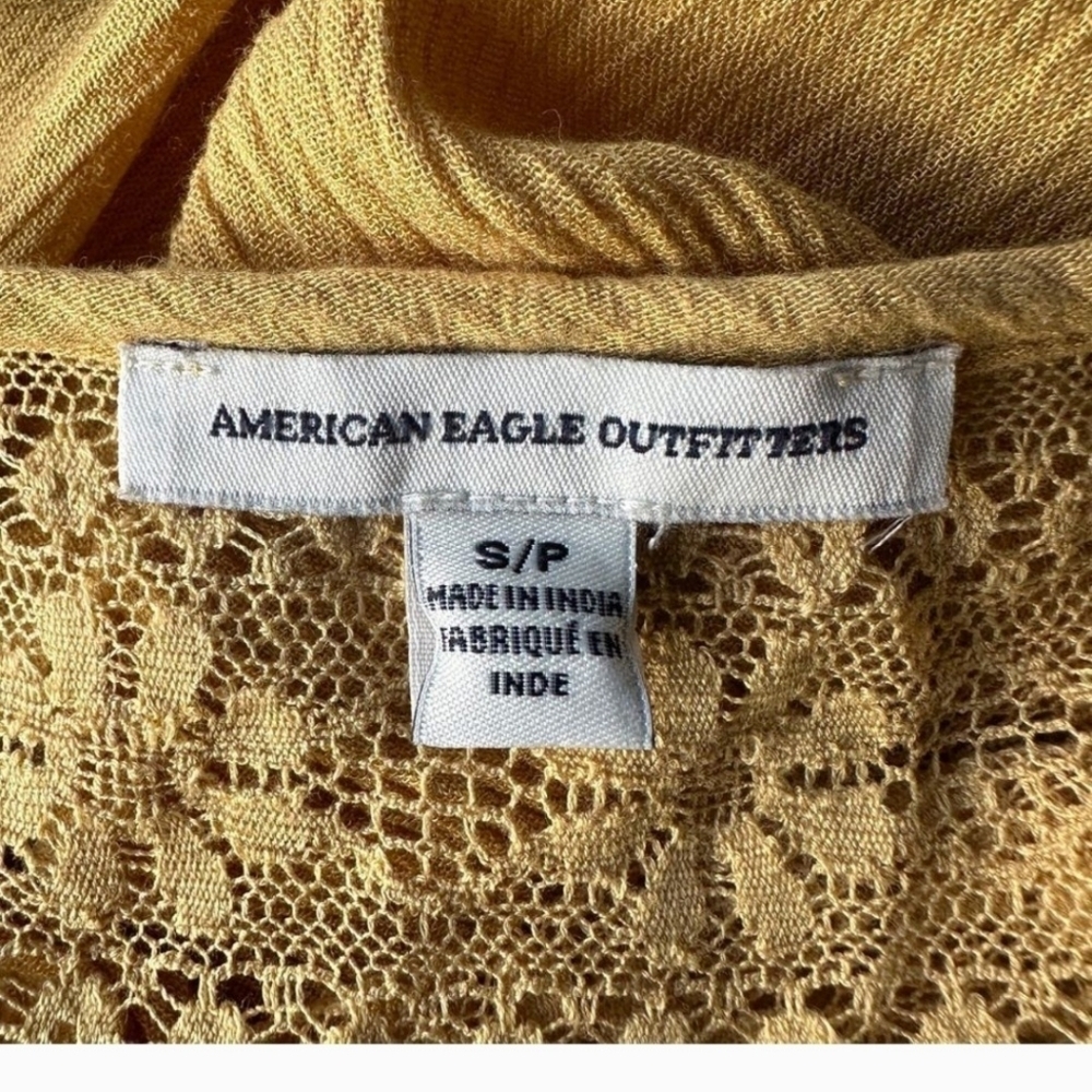 American Eagle lace up yellow mustard ruffles lightweight cotton blend top small - Picture 10 of 11
